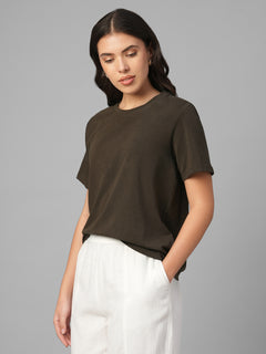 Women's Brown Cotton Bamboo Elastane Regular Fit Tshirt