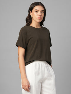 Women's Brown Cotton Bamboo Elastane Regular Fit Tshirt
