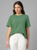 Women's Green Cotton Bamboo Elastane Regular Fit Tshirt