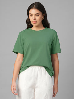 Women's Green Cotton Bamboo Elastane Regular Fit Tshirt