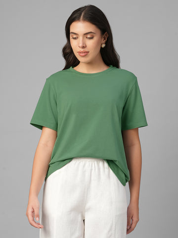 Women's Green Cotton Bamboo Elastane Regular Fit Tshirt