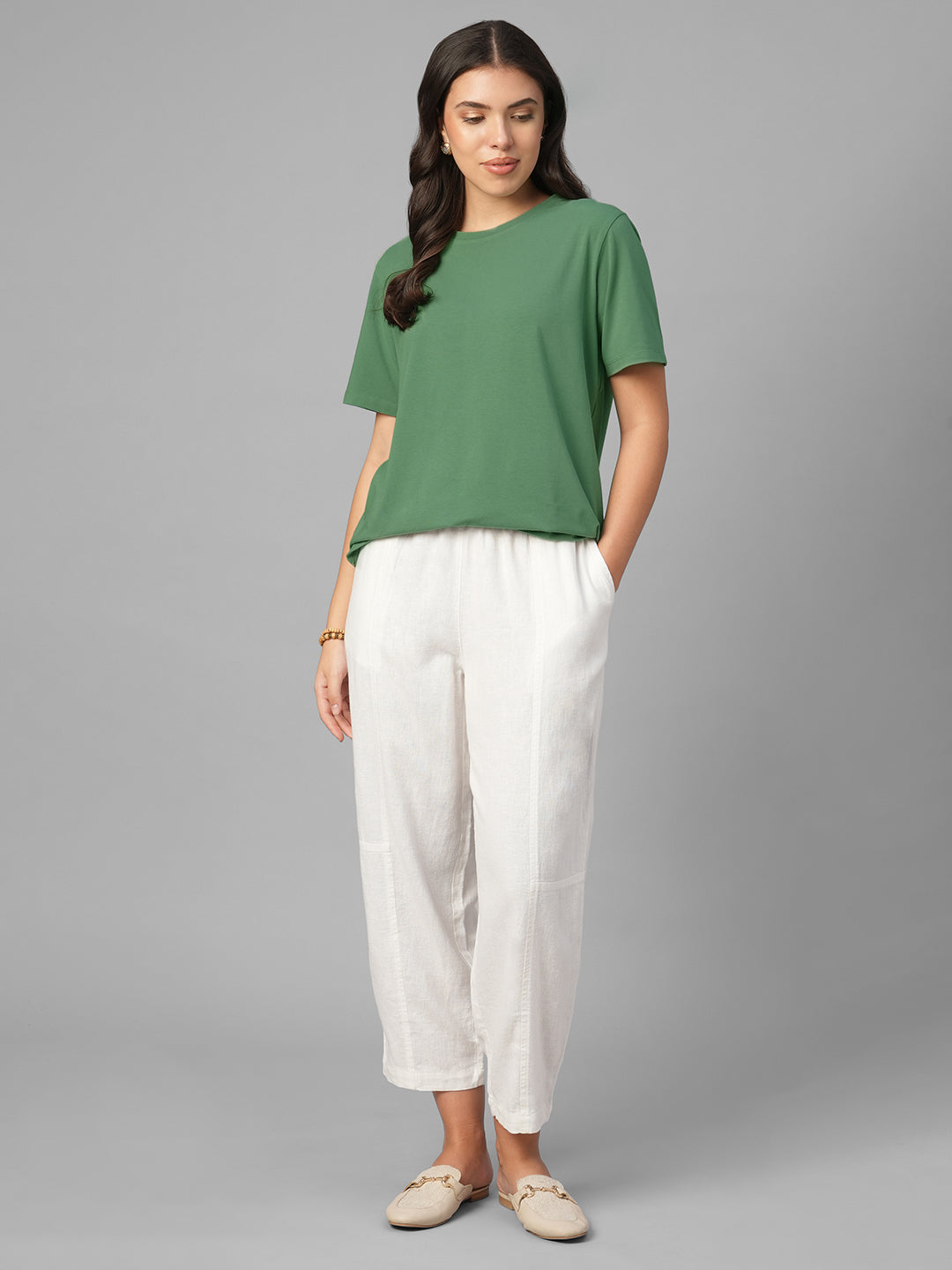 Women's Green Cotton Bamboo Elastane Regular Fit Tshirt