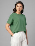 Women's Green Cotton Bamboo Elastane Regular Fit Tshirt