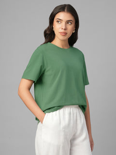 Women's Green Cotton Bamboo Elastane Regular Fit Tshirt