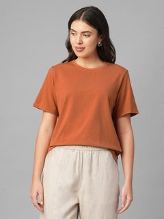 Women's Rust Cotton Bamboo Elastane Regular Fit Tshirt