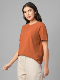 Women's Rust Cotton Bamboo Elastane Regular Fit Tshirt