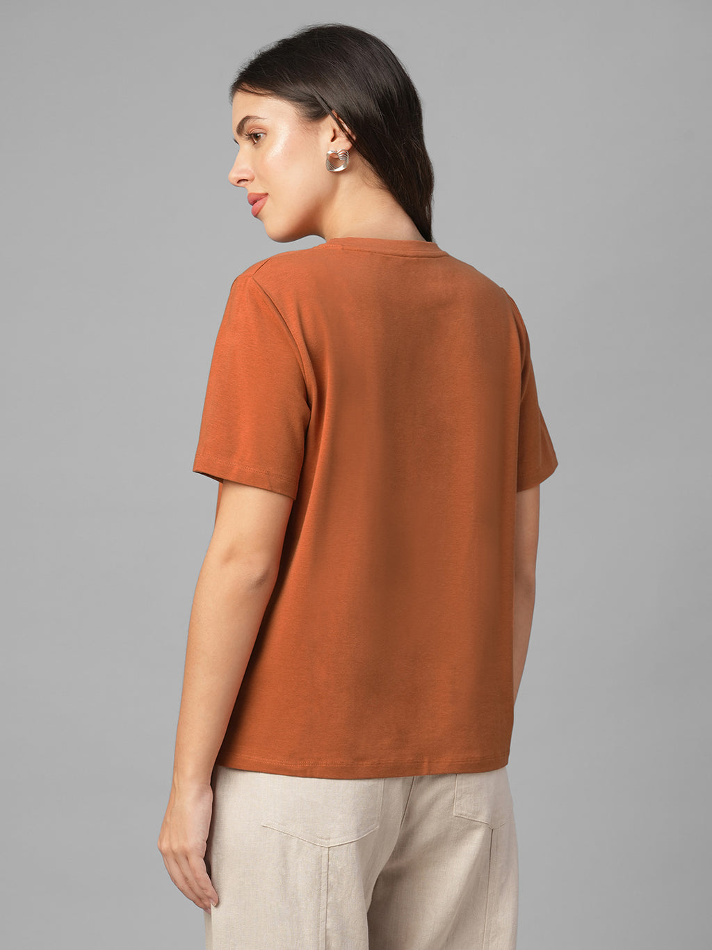 Women's Rust Cotton Bamboo Elastane Regular Fit Tshirt