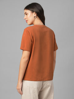 Women's Rust Cotton Bamboo Elastane Regular Fit Tshirt