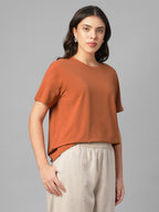 Women's Rust Cotton Bamboo Elastane Regular Fit Tshirt