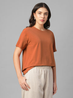 Women's Rust Cotton Bamboo Elastane Regular Fit Tshirt