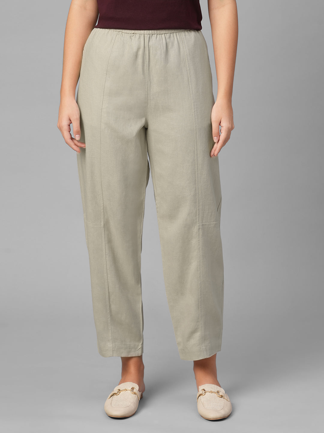 Women's Beige Linen Viscose Barrel Leg Pant