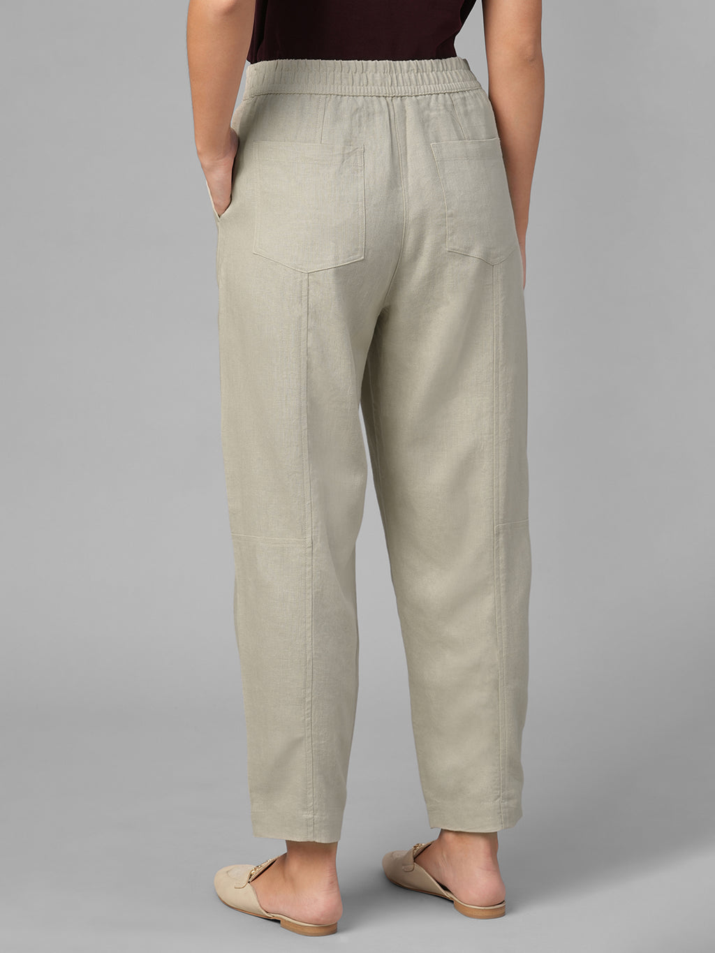 Women's Beige Linen Viscose Barrel Leg Pant