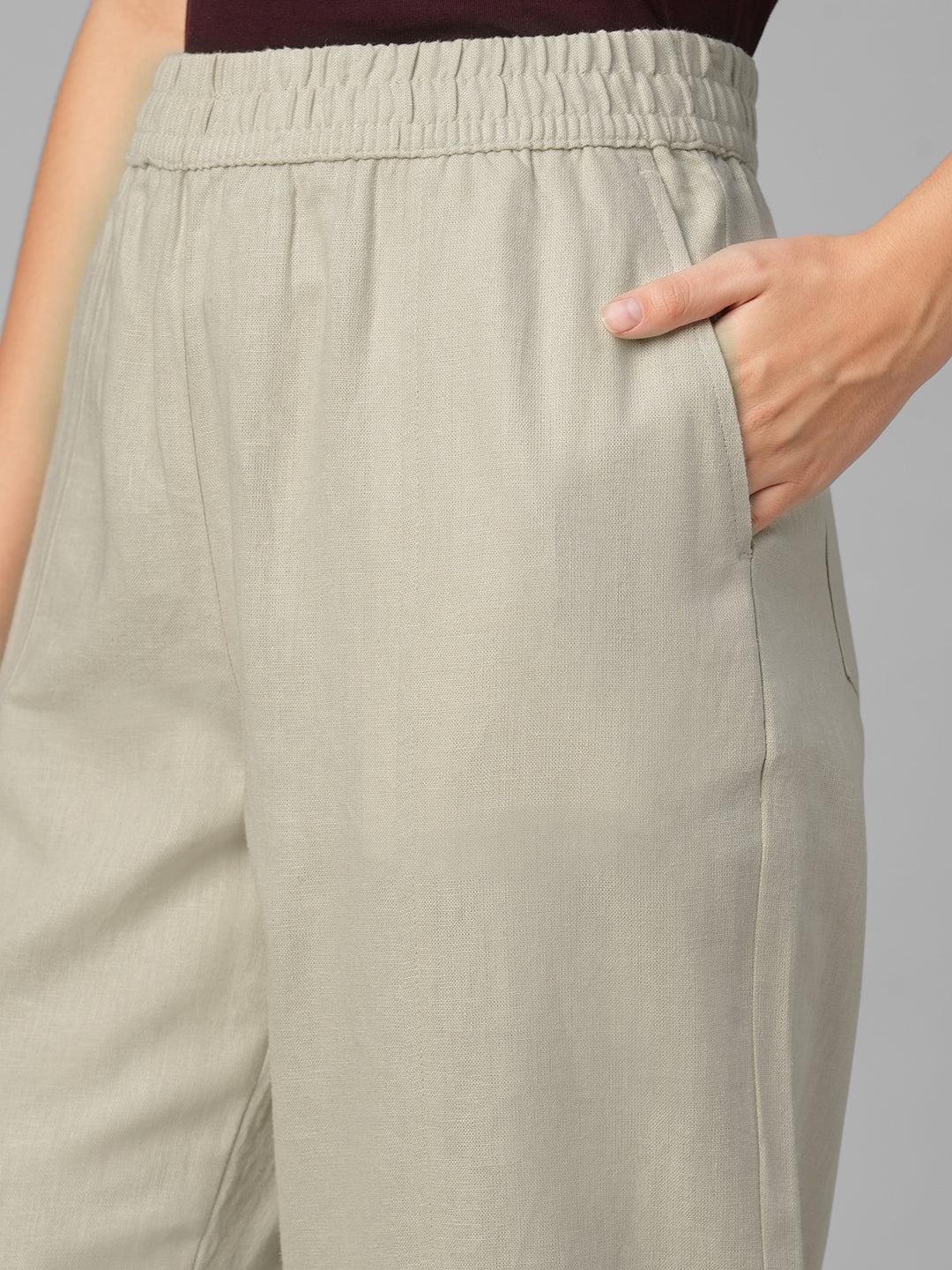 Women's Beige Linen Viscose Barrel Leg Pant