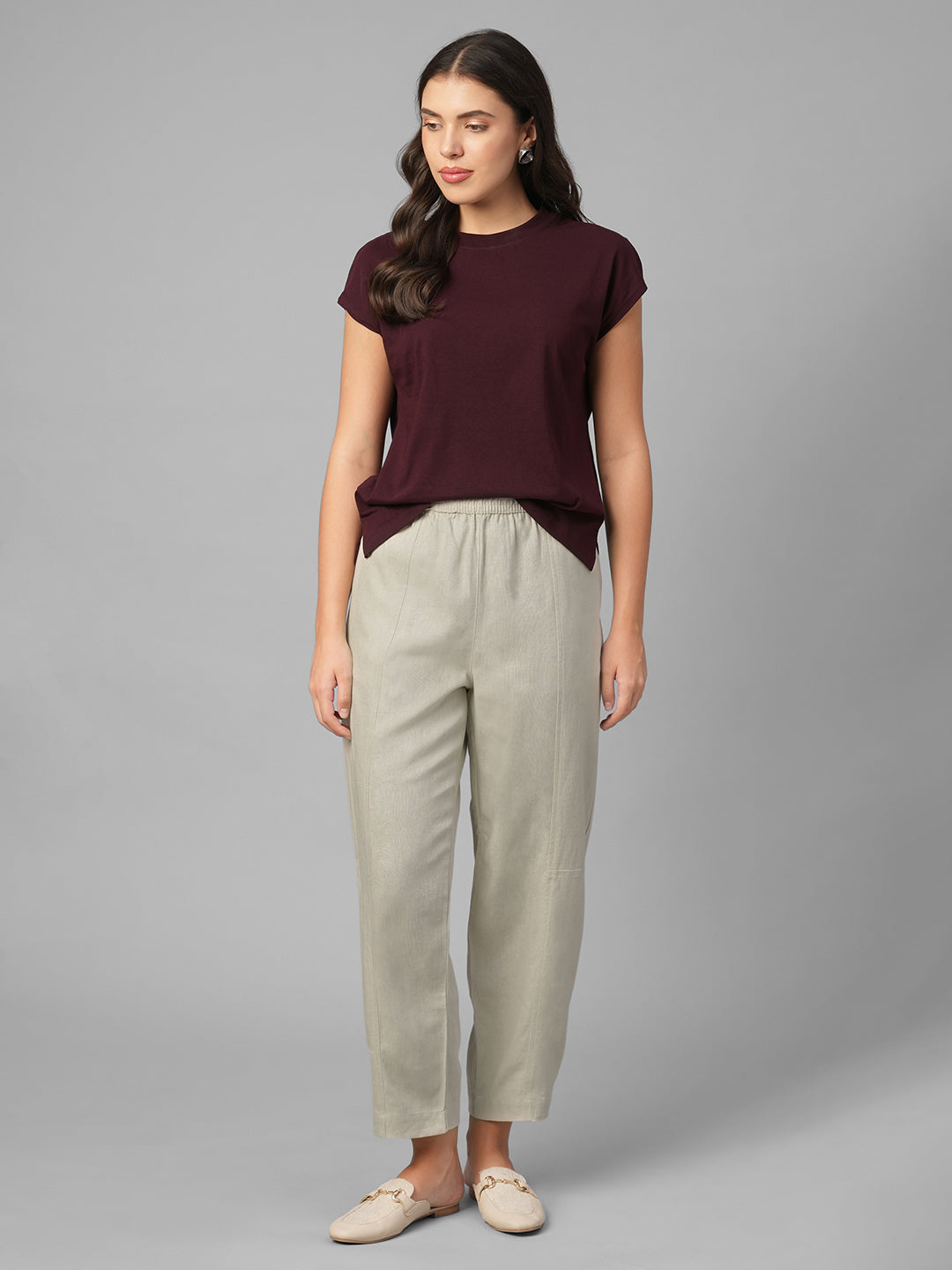 Women's Beige Linen Viscose Barrel Leg Pant