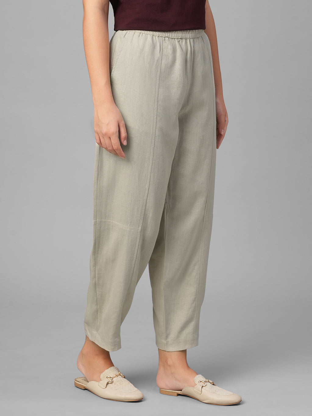 Women's Beige Linen Viscose Barrel Leg Pant