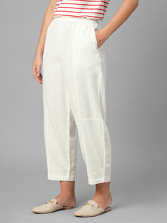 Women's White Linen Viscose Barrel Leg Pant