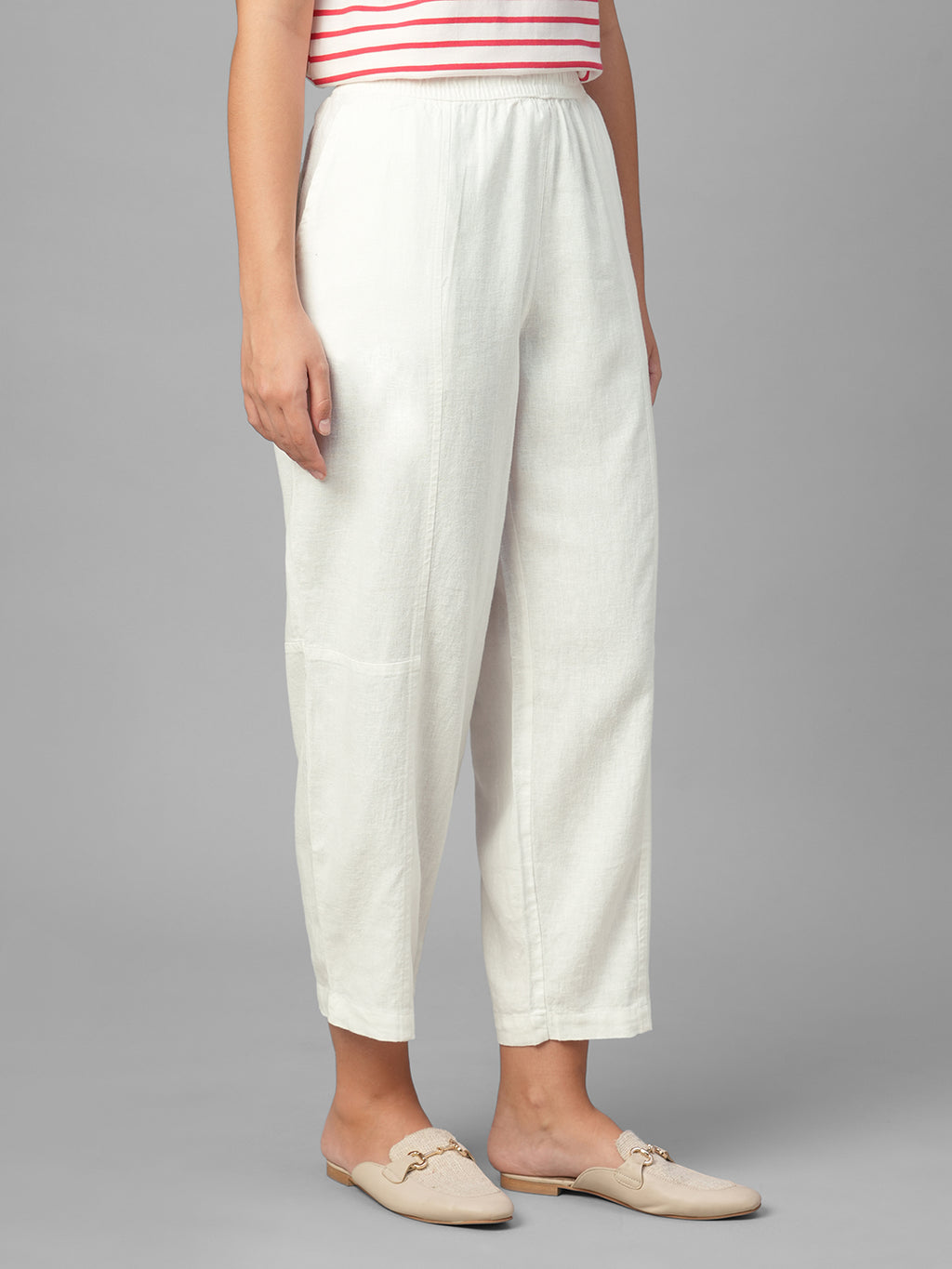 Women's White Linen Viscose Barrel Leg Pant