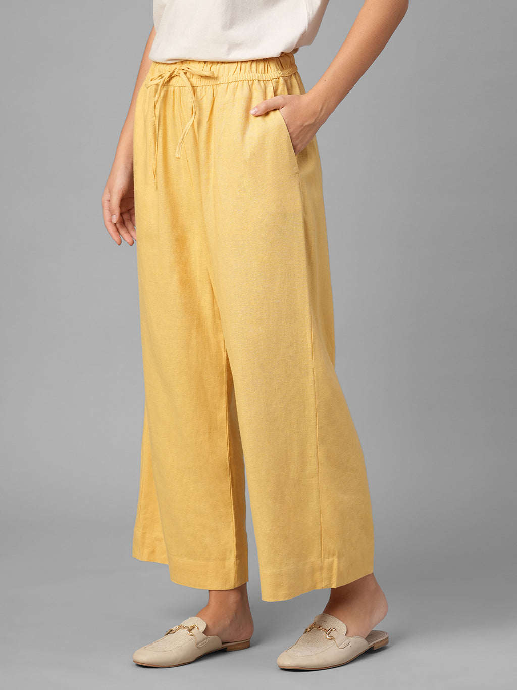 Women's Yellow Linen Viscose Regular Fit Pant