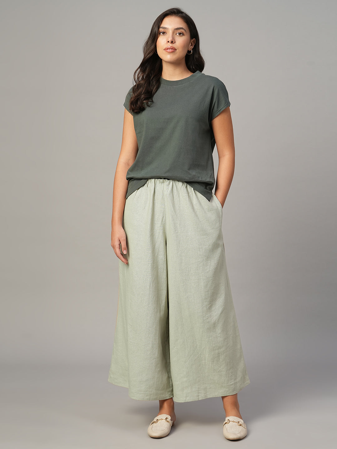 Women's Khaki Linen Viscose Regular Fit Culotte