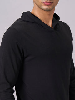 Men’s Cotton Bamboo Elastane Regular Fit Full Sleeve Hooded T-Shirt Black