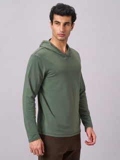 Men’s Cotton Bamboo Elastane Regular Fit Full Sleeve Hooded T-Shirt Olive