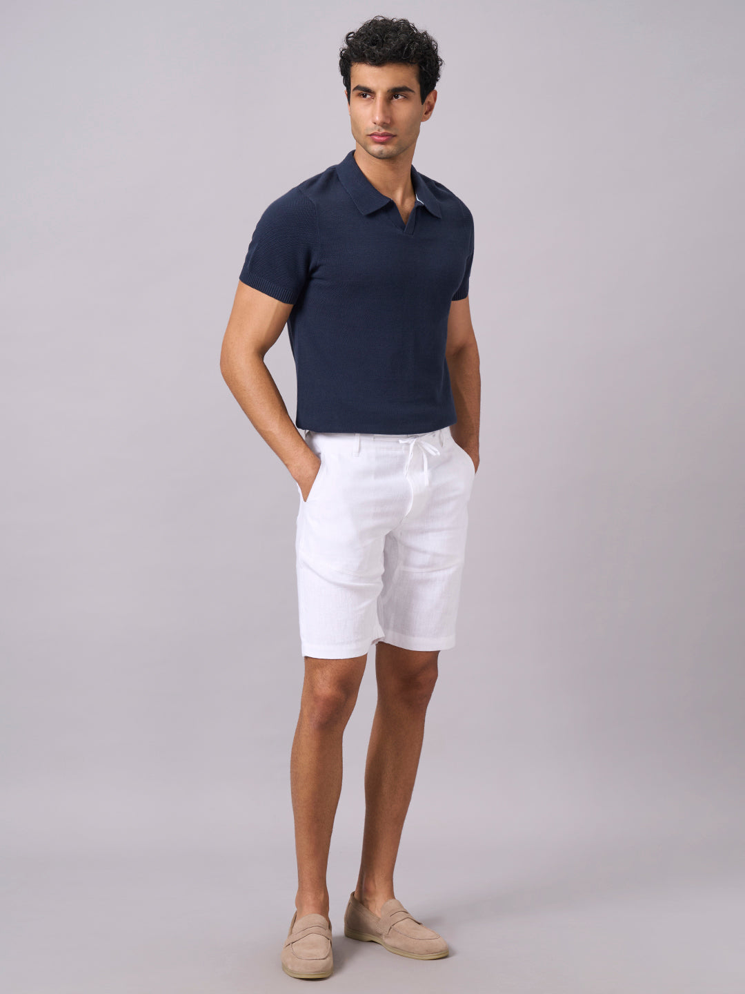 Men's White 100% Linen Regular Fit Shorts