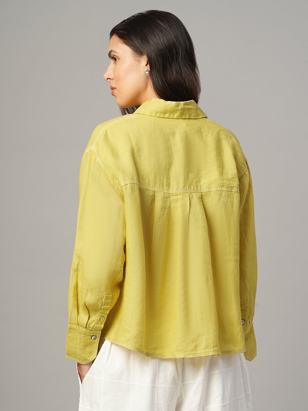Women's Mustard 100% Linen Boxy Fit Blouse