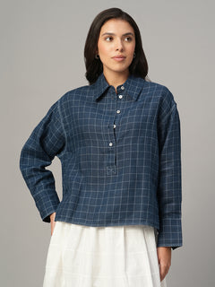 Women's Blue 100% Linen Boxy Fit Blouse