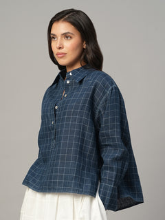Women's Blue 100% Linen Boxy Fit Blouse