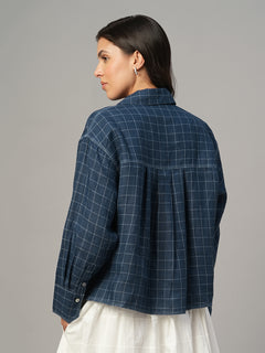 Women's Blue 100% Linen Boxy Fit Blouse