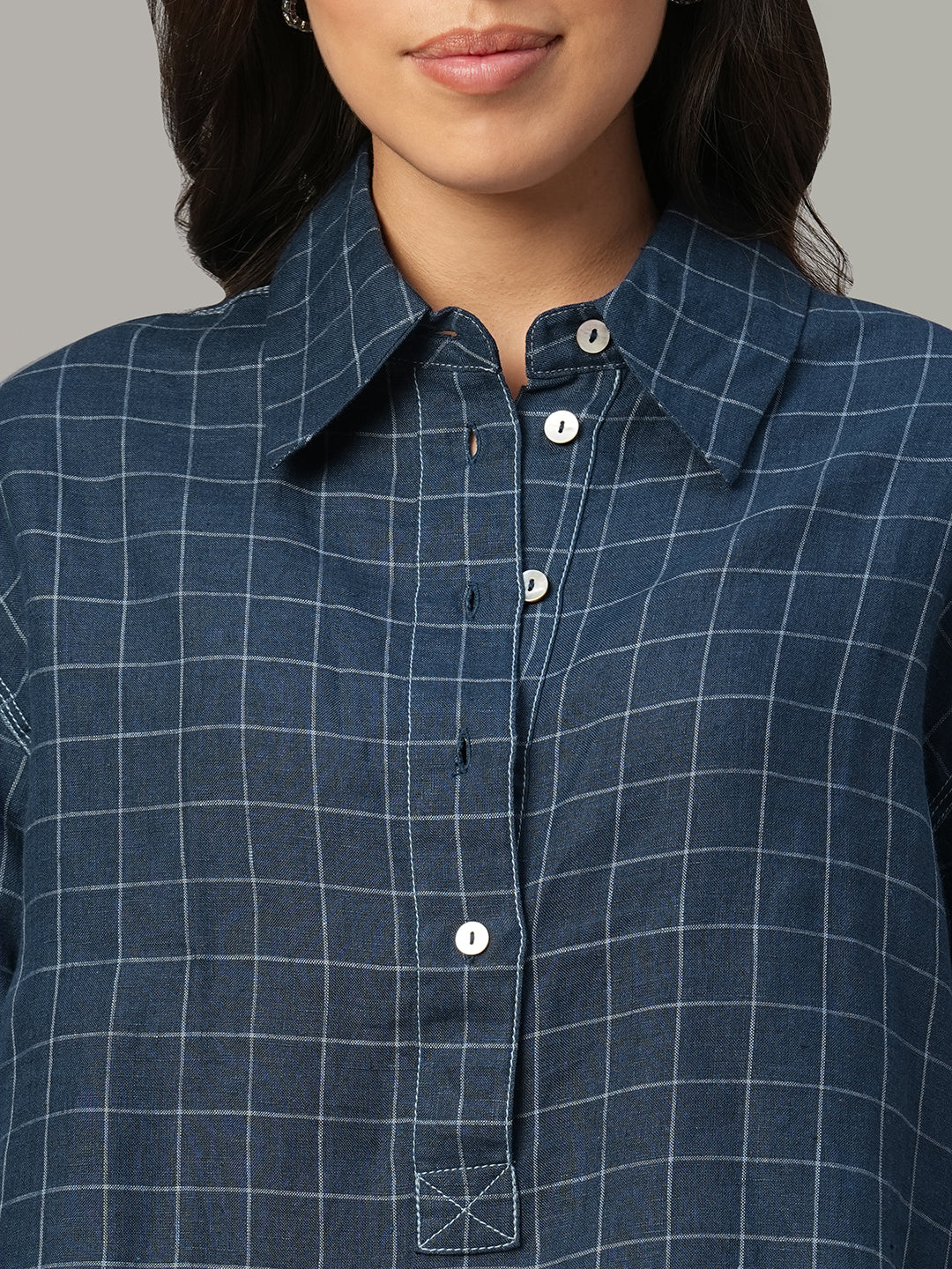 Women's Blue 100% Linen Boxy Fit Blouse