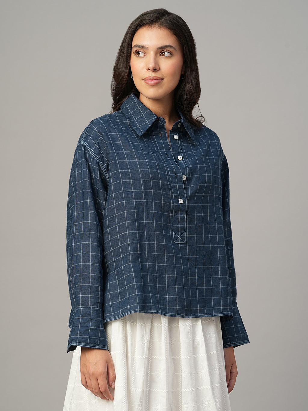 Women's Blue 100% Linen Boxy Fit Blouse