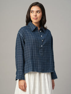 Women's Blue 100% Linen Boxy Fit Blouse