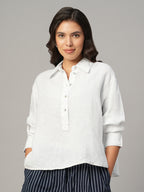 Women's White 100% Linen Boxy Fit Blouse