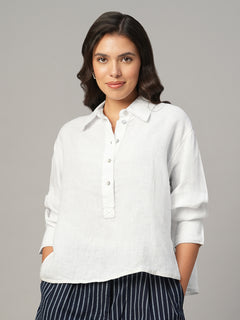 Women's White 100% Linen Boxy Fit Blouse