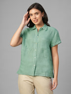 Women's Green 100% Linen Regular Fit Blouse