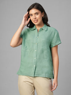 Women's Green 100% Linen Regular Fit Blouse