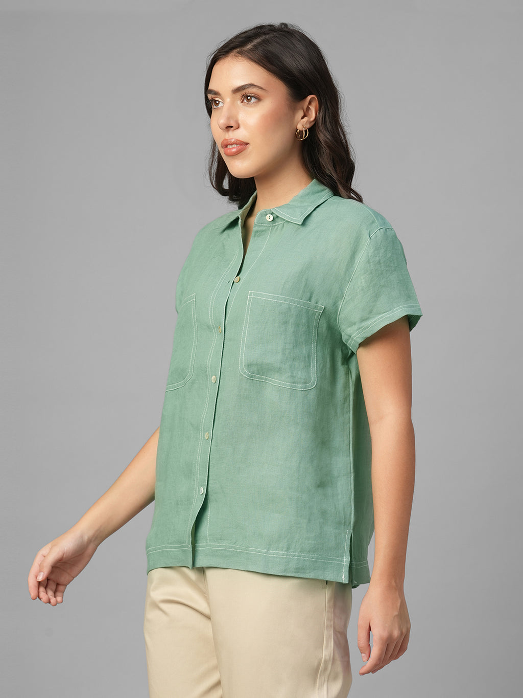 Women's Green 100% Linen Regular Fit Blouse