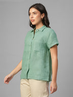 Women's Green 100% Linen Regular Fit Blouse