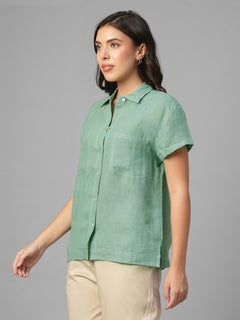 Women's Green 100% Linen Regular Fit Blouse