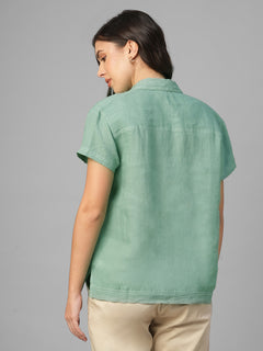 Women's Green 100% Linen Regular Fit Blouse