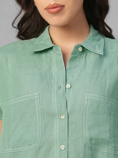 Women's Green 100% Linen Regular Fit Blouse
