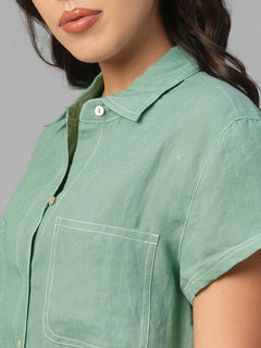 Women's Green 100% Linen Regular Fit Blouse
