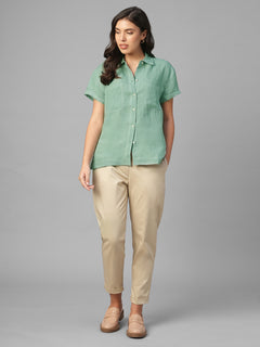 Women's Green 100% Linen Regular Fit Blouse