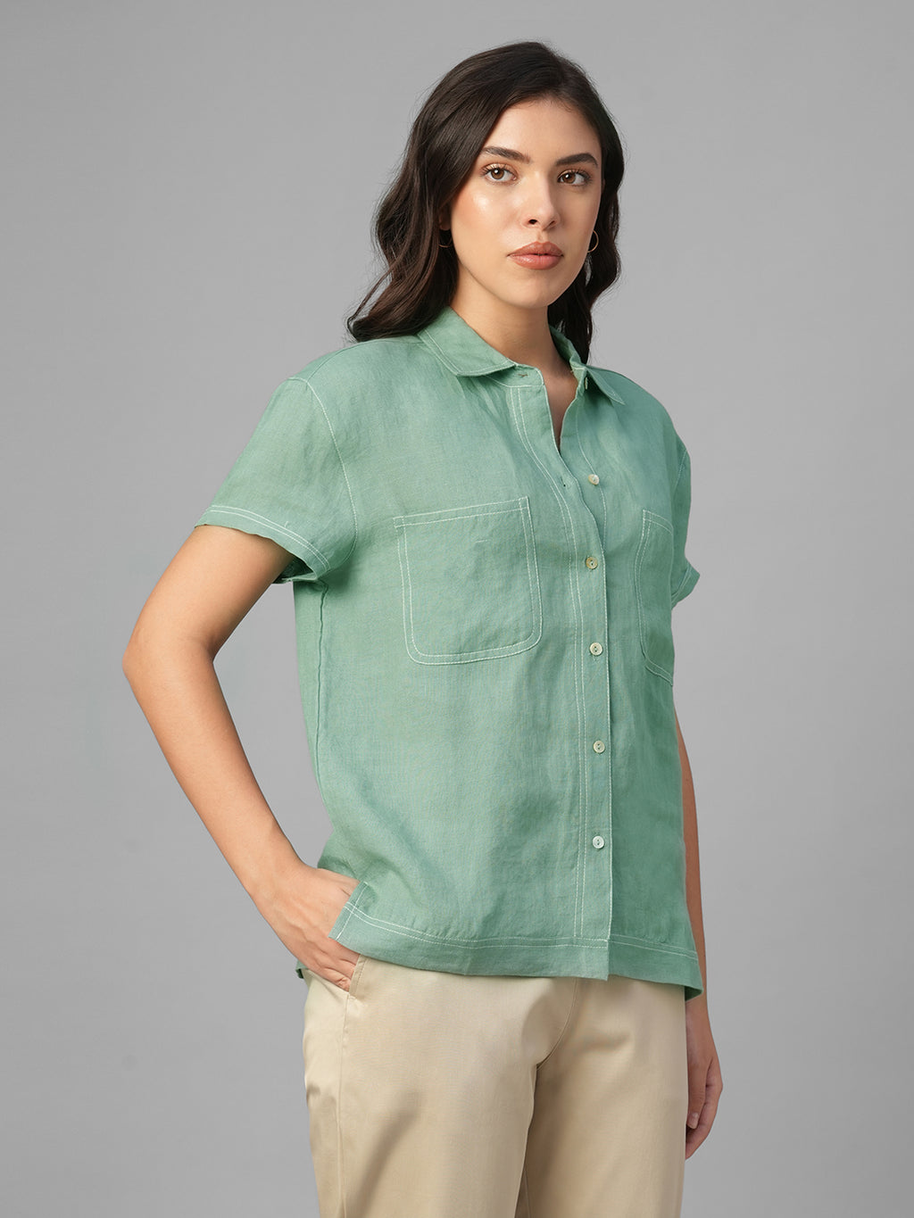 Women's Green 100% Linen Regular Fit Blouse