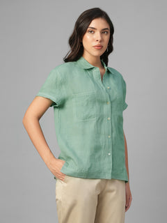 Women's Green 100% Linen Regular Fit Blouse
