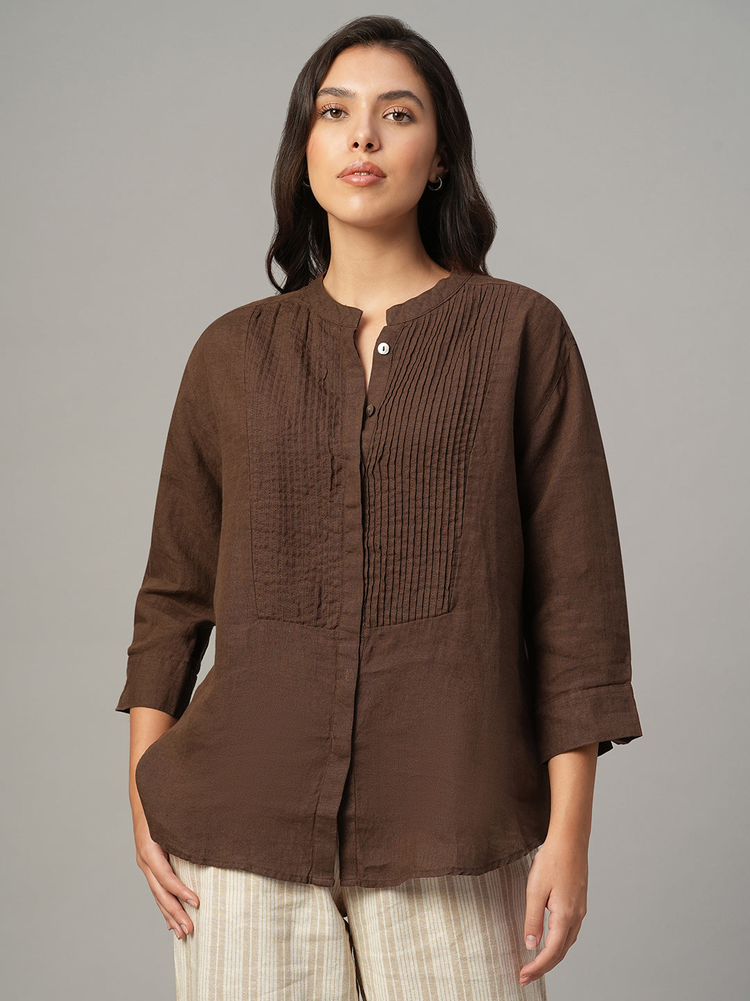 Women's Brown 100% Linen Regular Fit Blouse