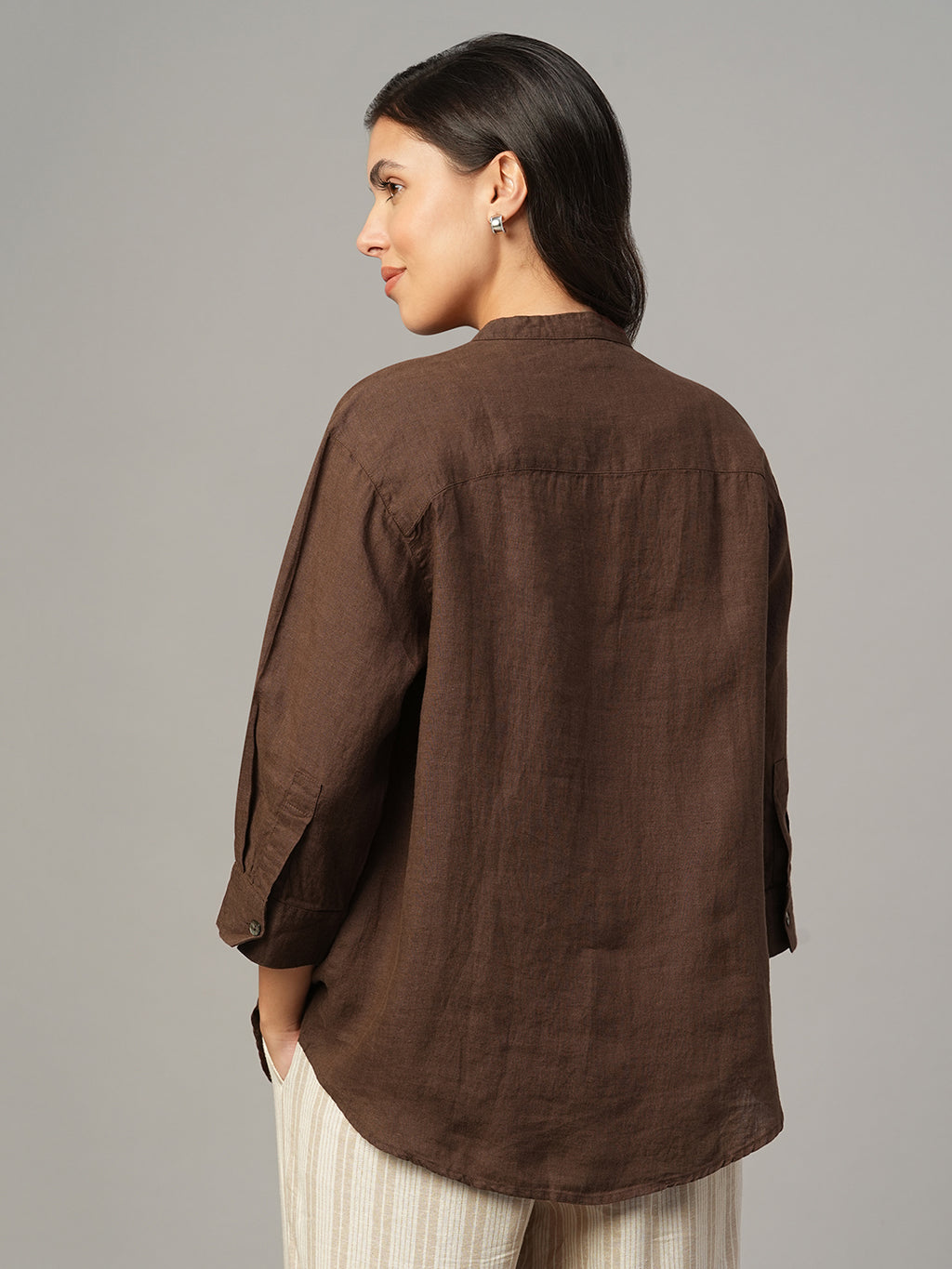 Women's Brown 100% Linen Regular Fit Blouse