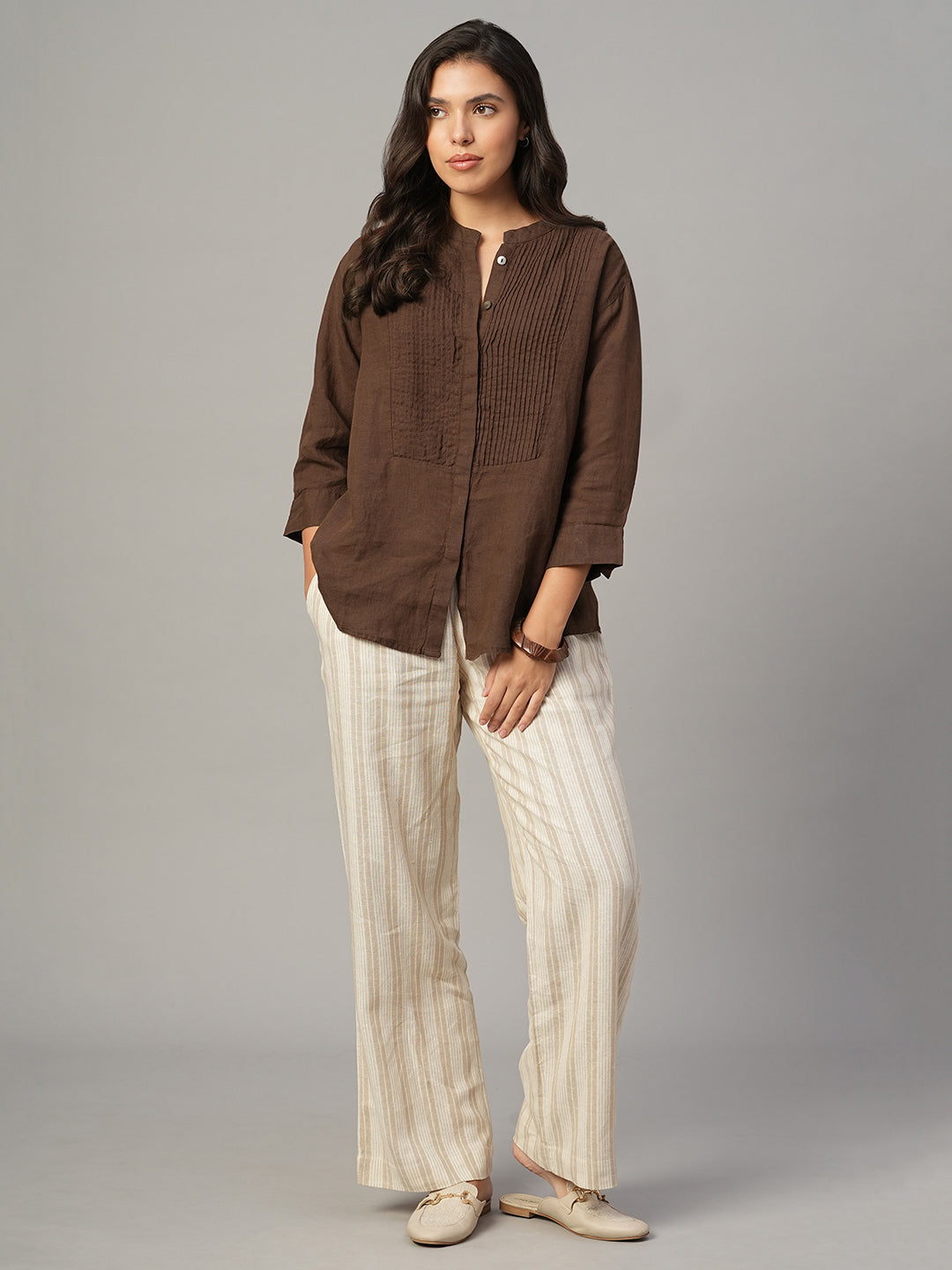 Women's Brown 100% Linen Regular Fit Blouse