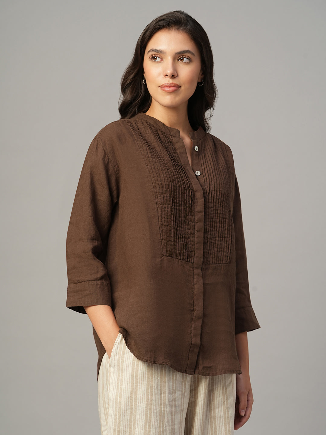 Women's Brown 100% Linen Regular Fit Blouse